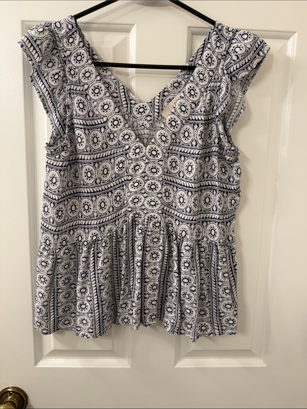 LOFT Navy & White Printed Peplum Top
